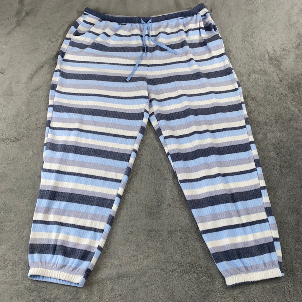 Cuddl Duds Pajama Pants Womens XXL Blue Striped Ribbed Fleece Lounge Drawstring